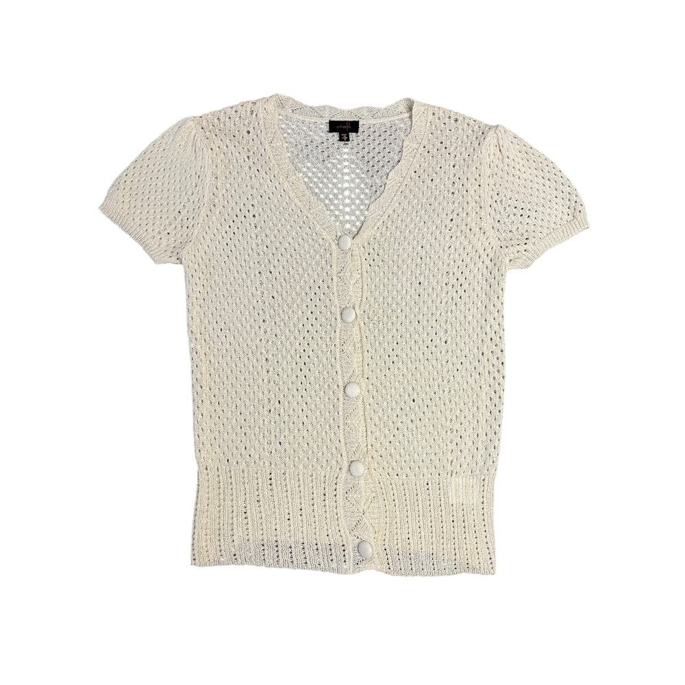 OnTwelfth Cream Short Sleeve Open Knit Cardigan Shirt SZ Medium Cottagecore Boho